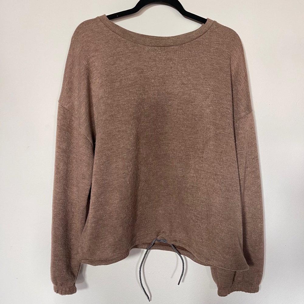 Zara Women's Tan Brown Drawstring Long Sleeve Crewneck Pullover Sweater Large